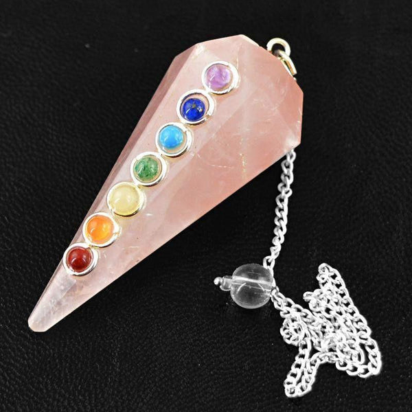 gemsmore:Natural Pink Rose Quartz Seven Chakra Healing Pendulum