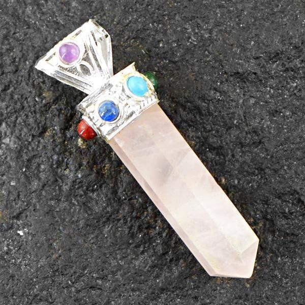 gemsmore:Natural Pink Rose Quartz Seven Chakra Healing Point Pendant