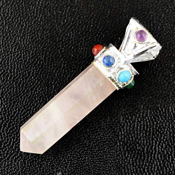 gemsmore:Natural Pink Rose Quartz Seven Chakra Healing Point Pendant