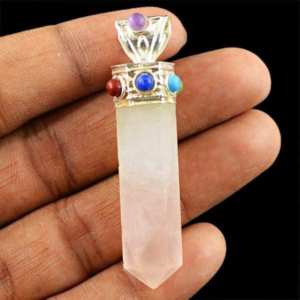 gemsmore:Natural Pink Rose Quartz Seven Chakra Healing Point Pendant