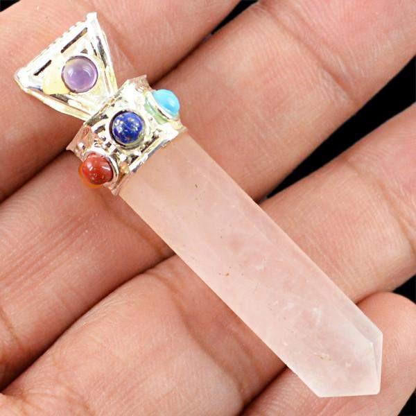 gemsmore:Natural Pink Rose Quartz Seven Chakra Healing Point Pendant