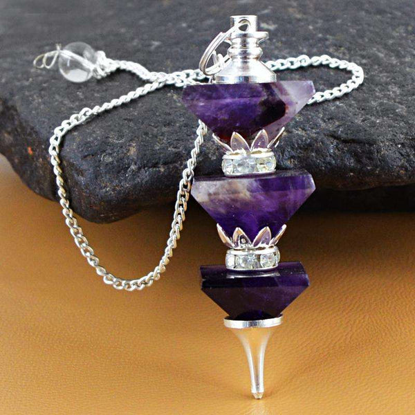 gemsmore:Natural Purple Amethyst Crystal Healing Pyramid Pendulum