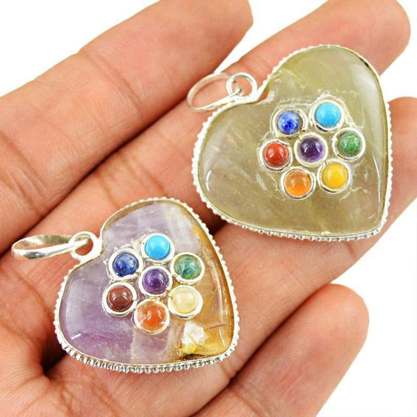 gemsmore:Natural Purple Amethyst & Green Aquamarine Seven Chakra Healing Pendant Lot