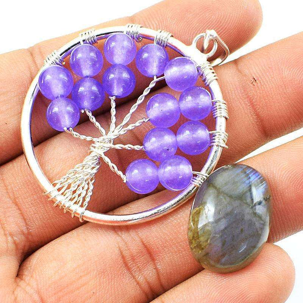 gemsmore:Natural Purple Amethyst Healing Tree Pendant & Amazing Flash Labradorite Gem Set