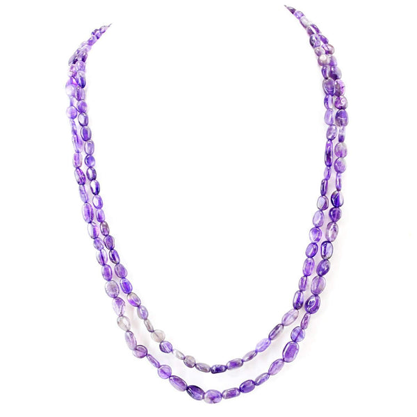 gemsmore:Natural Purple Amethyst Necklace Oval Shape Beads - 2 Strand