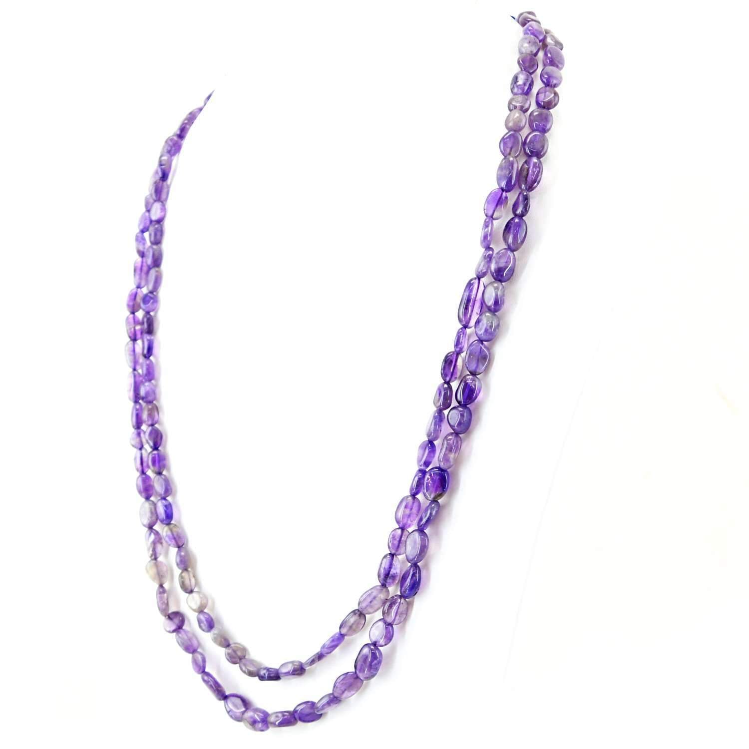 gemsmore:Natural Purple Amethyst Necklace Oval Shape Beads - 2 Strand