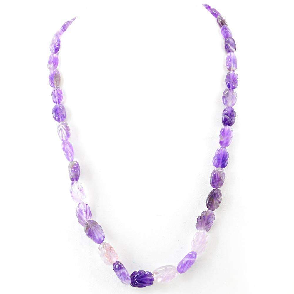 gemsmore:Natural Purple Amethyst Necklace Oval Shape Carved Beads