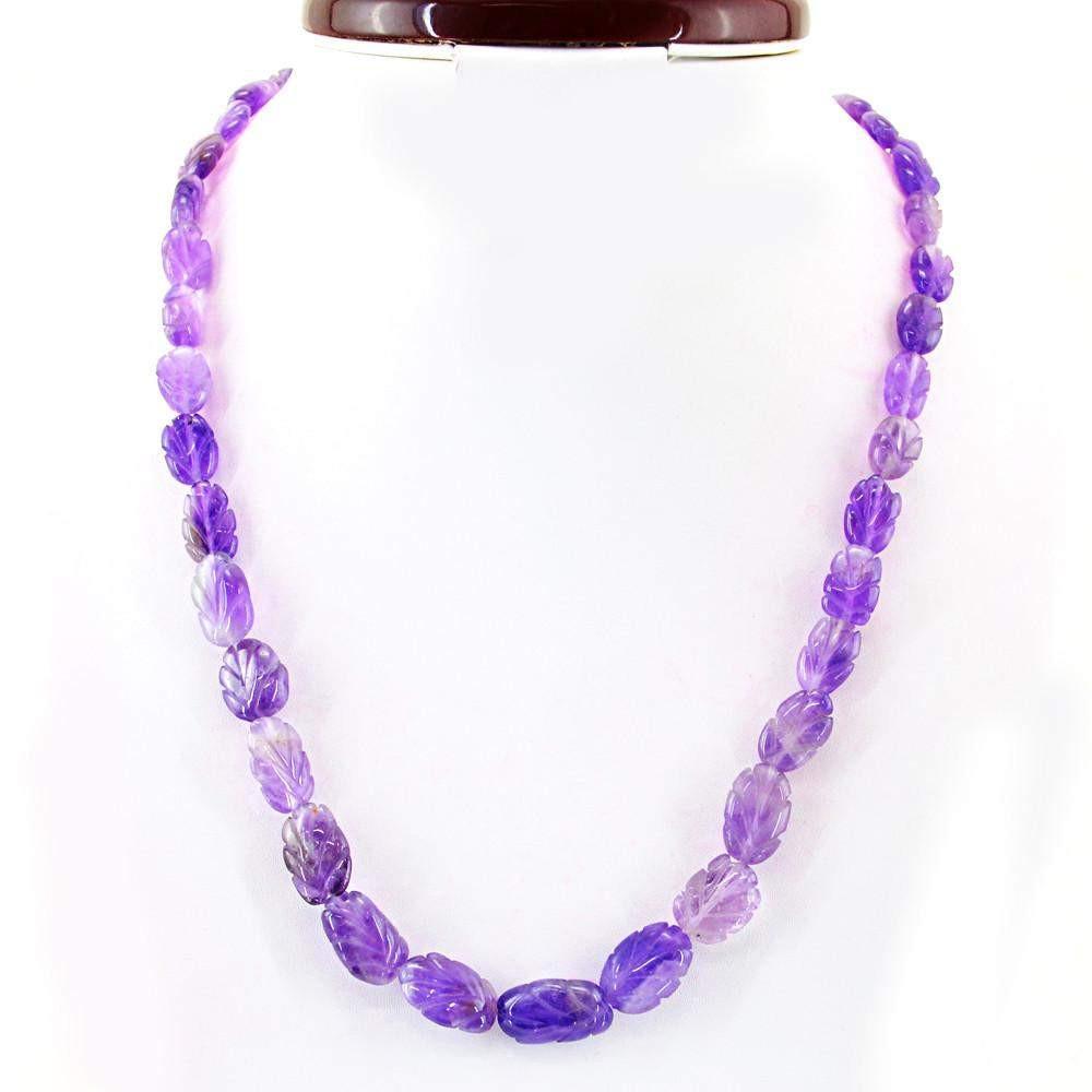 gemsmore:Natural Purple Amethyst Necklace Single Strand Carved Beads