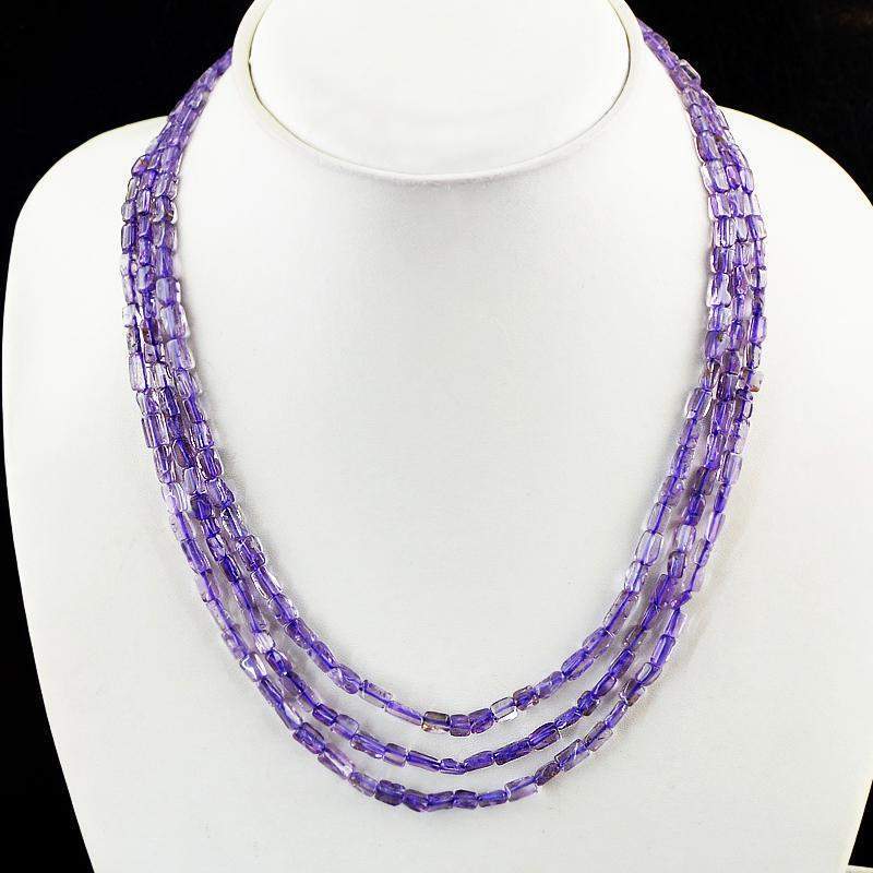 gemsmore:Natural Purple Amethyst Necklace Untreated Beads - 3 Strand