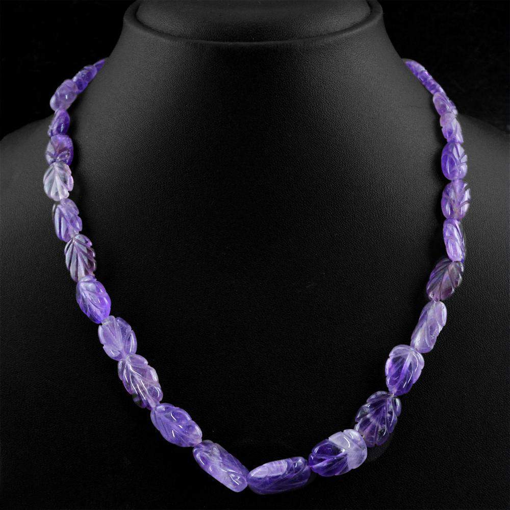 gemsmore:Natural Purple Amethyst Necklace Untreated Carved Beads