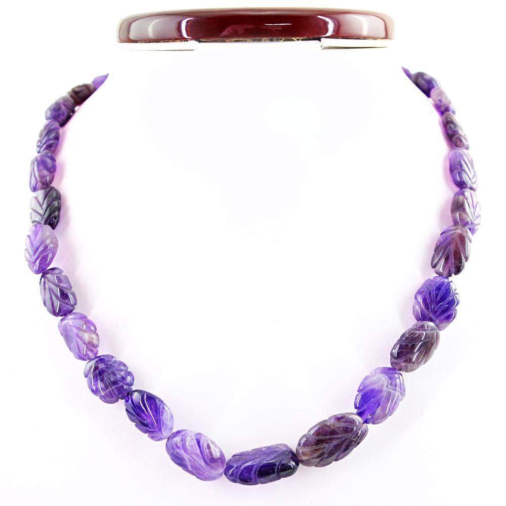 gemsmore:Natural Purple Amethyst Necklace Untreated Carved Beads