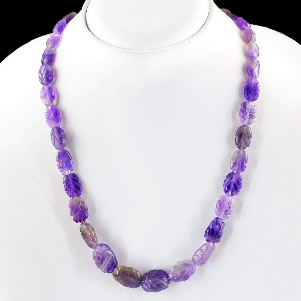 gemsmore:Natural Purple Amethyst Necklace Untreated Carved Beads