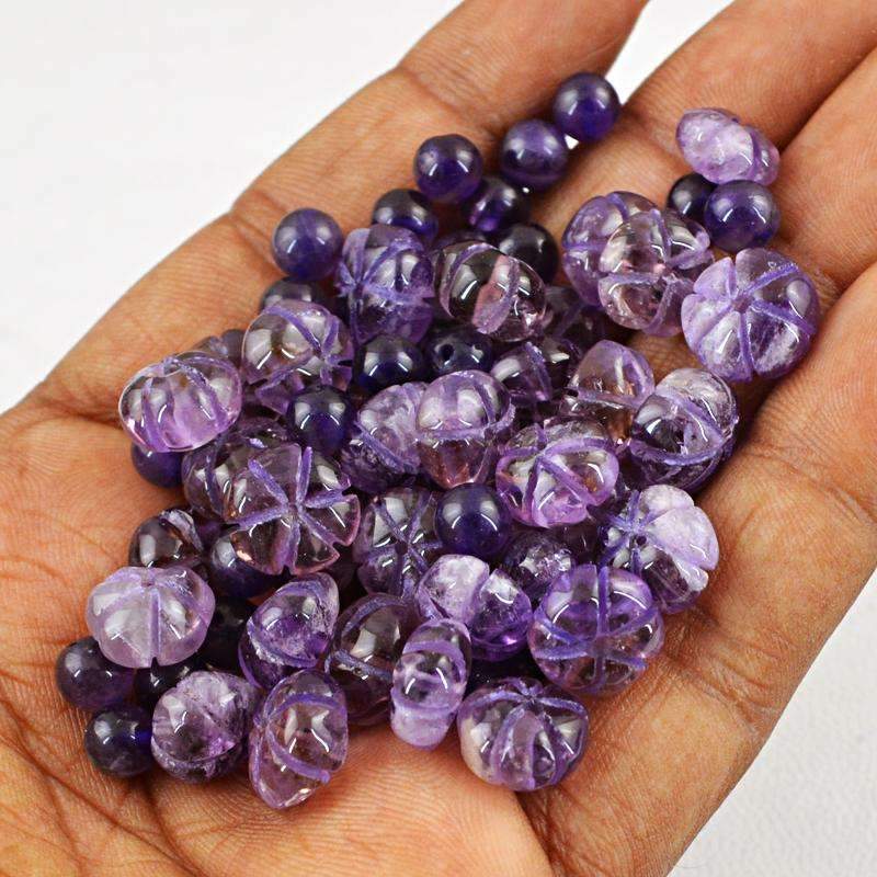 gemsmore:Natural Purple Amethyst Round Shape Carved Beads Lot - Drilled