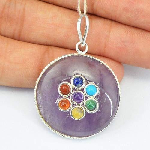 gemsmore:Natural Purple Amethyst Seven Chakra Healing Pendant