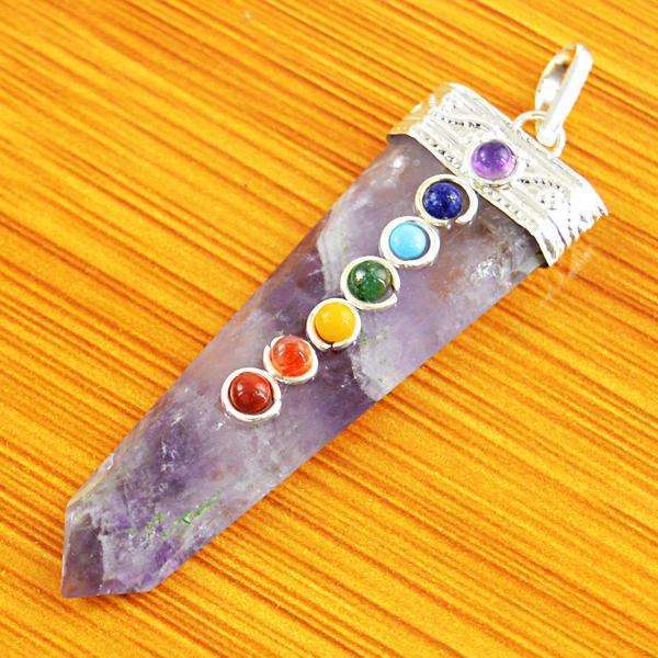 gemsmore:Natural Purple Amethyst Seven Chakra Healing Wand Pendant