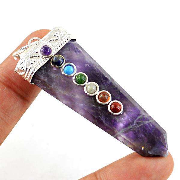 gemsmore:Natural Purple Amethyst Seven Chakra Healing Wand Pendant