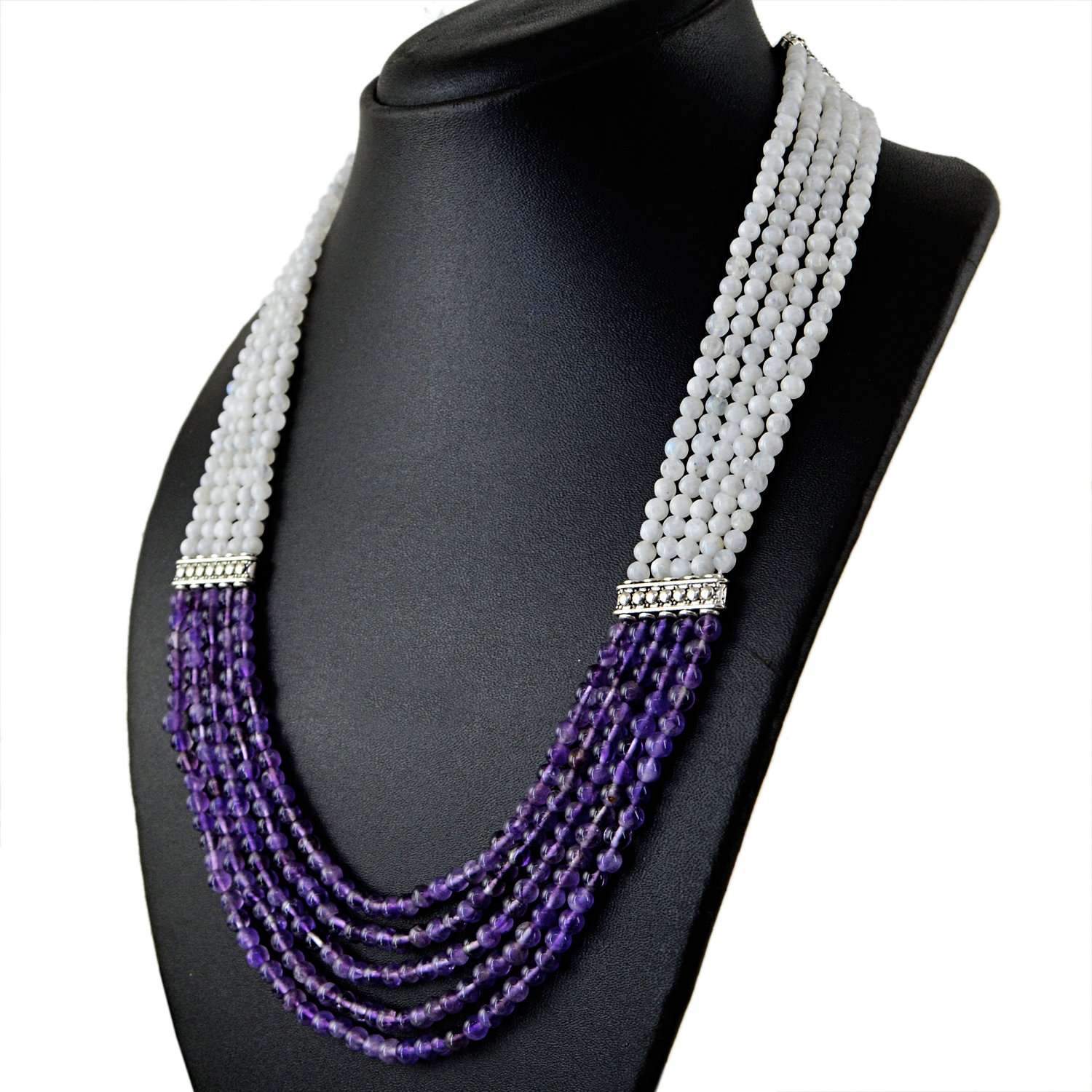 gemsmore:Natural Purple Amethyst & White Moonstone Necklace 5 Line Round Shape Beads