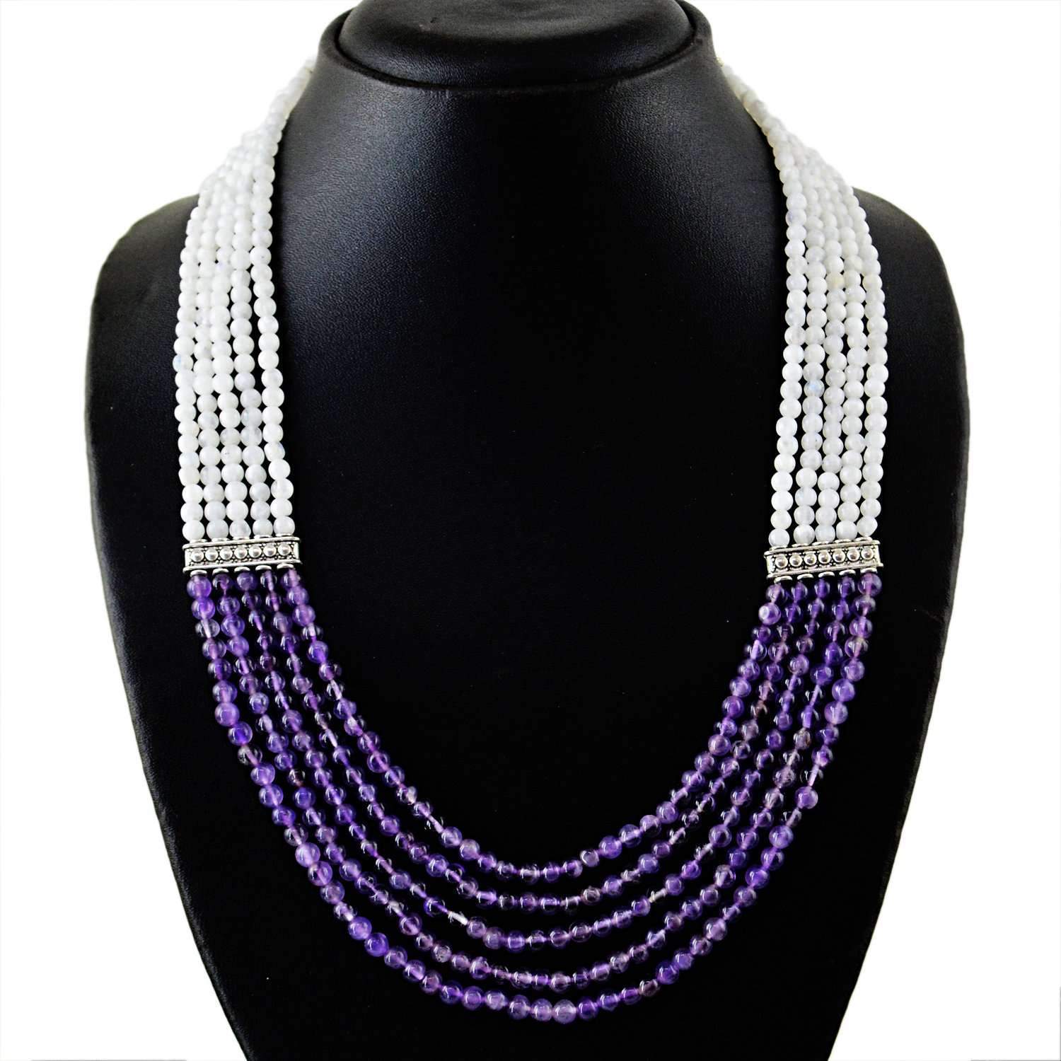 gemsmore:Natural Purple Amethyst & White Moonstone Necklace 5 Line Round Shape Beads