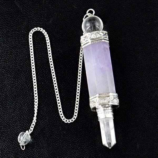 gemsmore:Natural Purple Amethyst White Quartz Crystal Healing Ball Point Pendulum