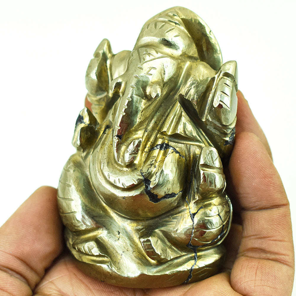 gemsmore:Natural Pyrite Hand Carved Genuine Crystal Gemstone Carving Lord Ganesha