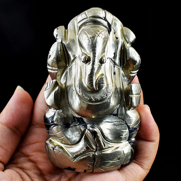 gemsmore:Natural Pyrite Hand Carved Genuine Crystal Gemstone Carving Lord Ganesha