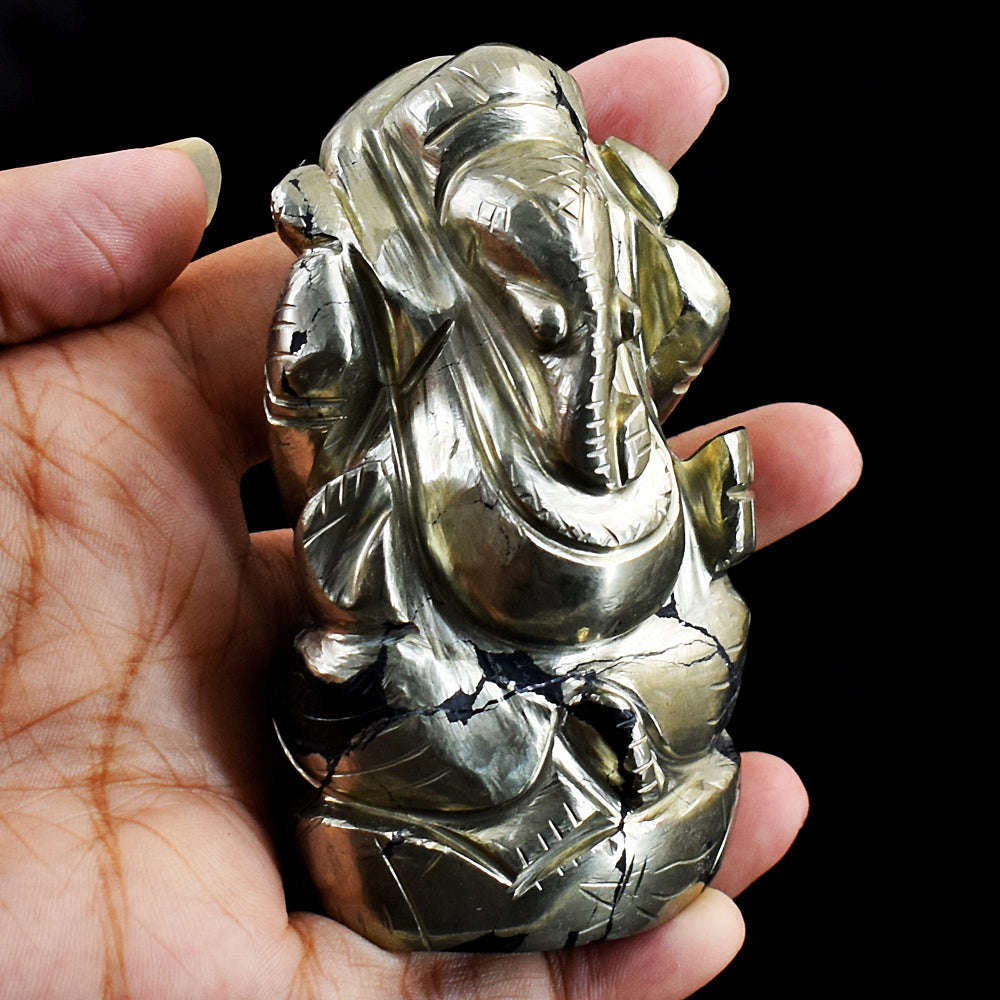 gemsmore:Natural Pyrite Hand Carved Genuine Crystal Gemstone Carving Lord Ganesha