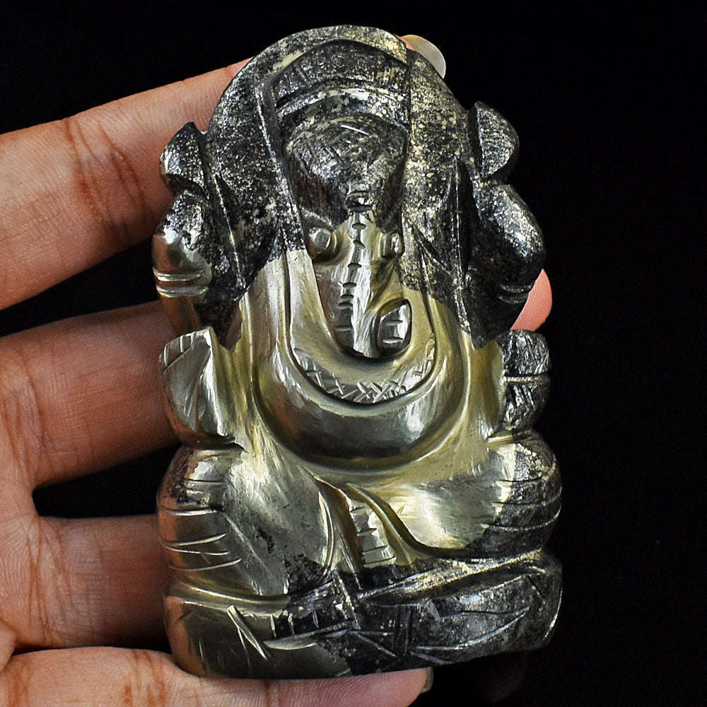 gemsmore:Natural Pyrite Hand Carved Genuine Crystal Gemstone Carving Lord Ganesha