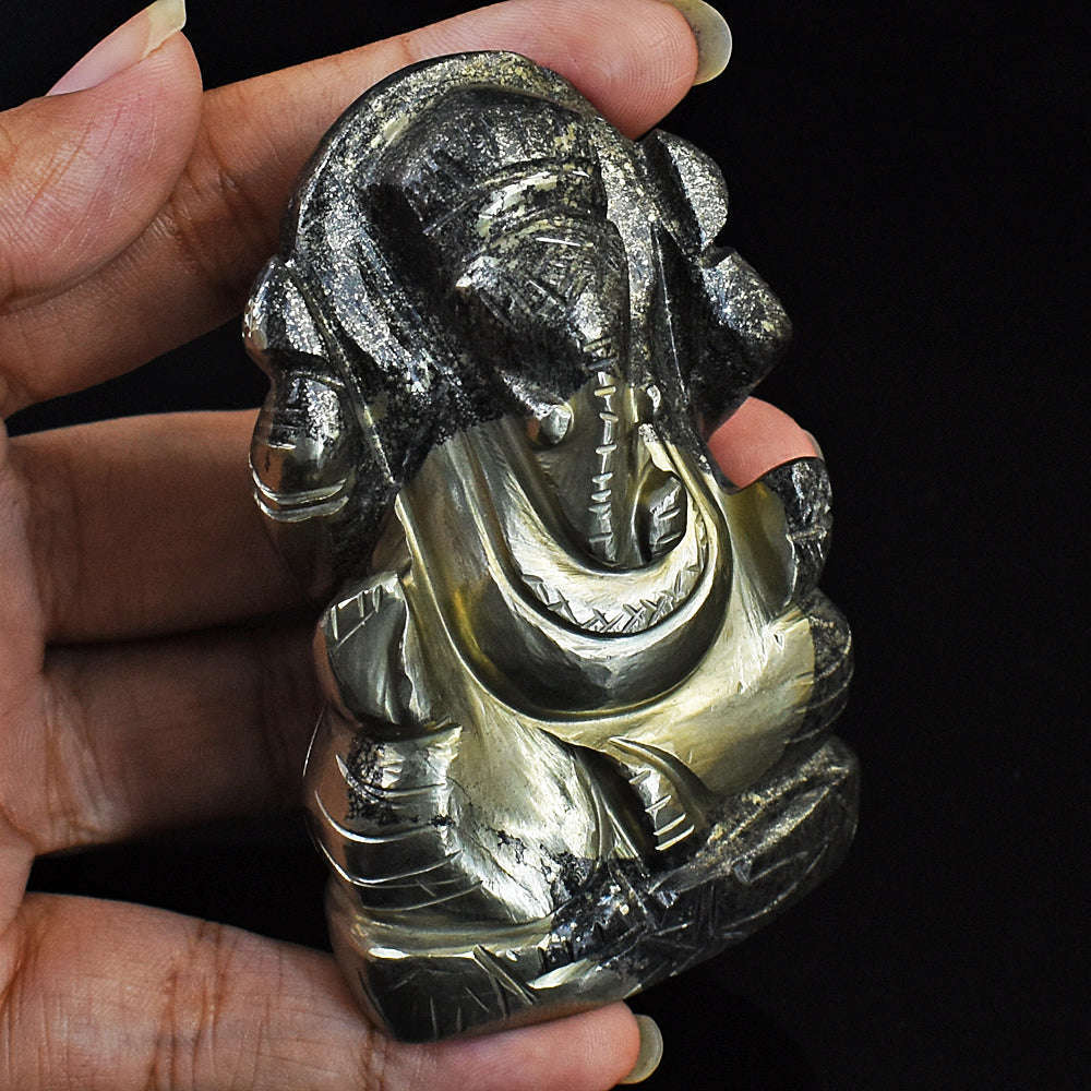 gemsmore:Natural Pyrite Hand Carved Genuine Crystal Gemstone Carving Lord Ganesha