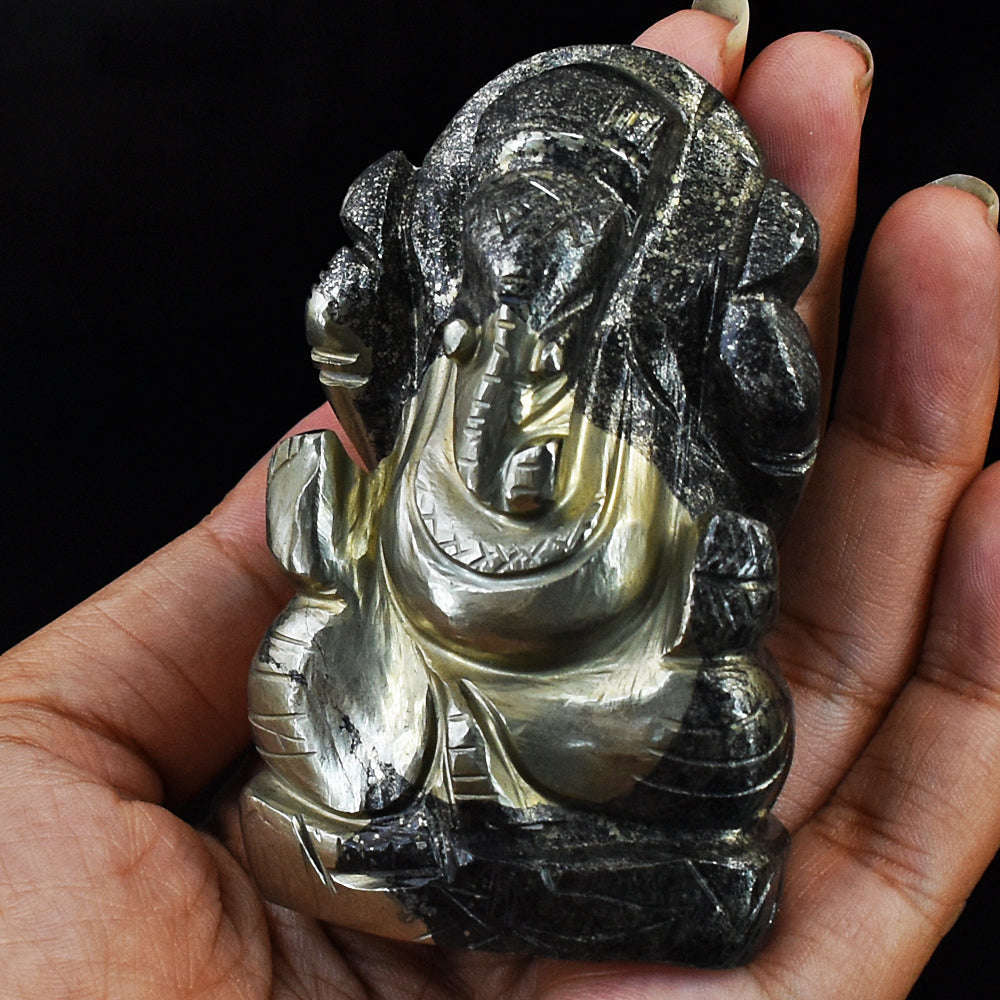 gemsmore:Natural Pyrite Hand Carved Genuine Crystal Gemstone Carving Lord Ganesha