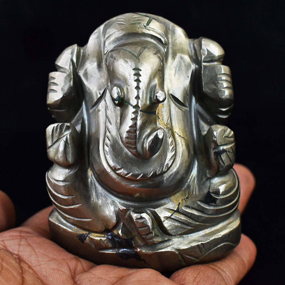 gemsmore:Natural Pyrite Hand Carved Genuine Crystal Gemstone Carving Lord Ganesha