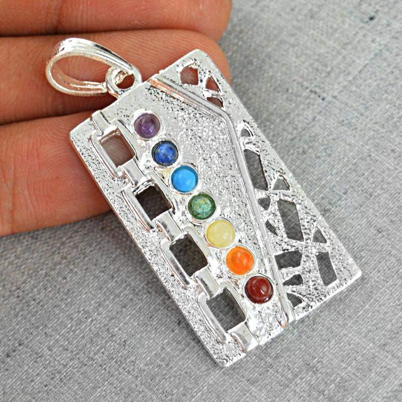 gemsmore:Natural Rectangular Shape Seven Chakra Healing Pendant