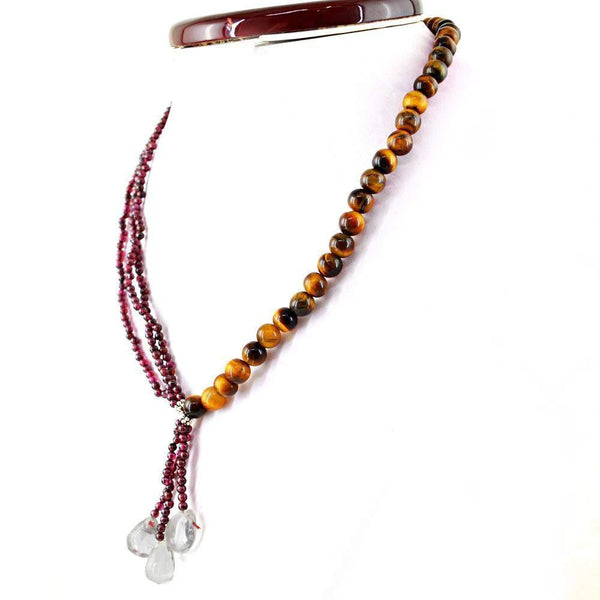gemsmore:Natural Red Garnet & Golden Tiger Eye Necklace Untreated Round Beads
