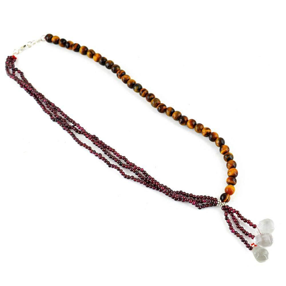 gemsmore:Natural Red Garnet & Golden Tiger Eye Necklace Untreated Round Beads