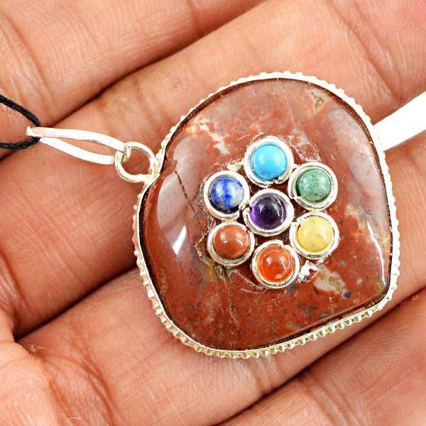 gemsmore:Natural Red Jasper Heart Shape Seven Chakra Healing Pendant