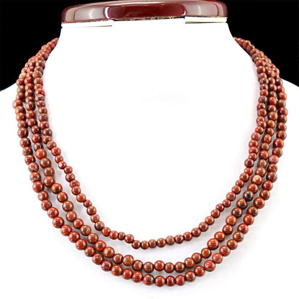 gemsmore:Natural Red Jasper Necklace 3 Strand Round Beads