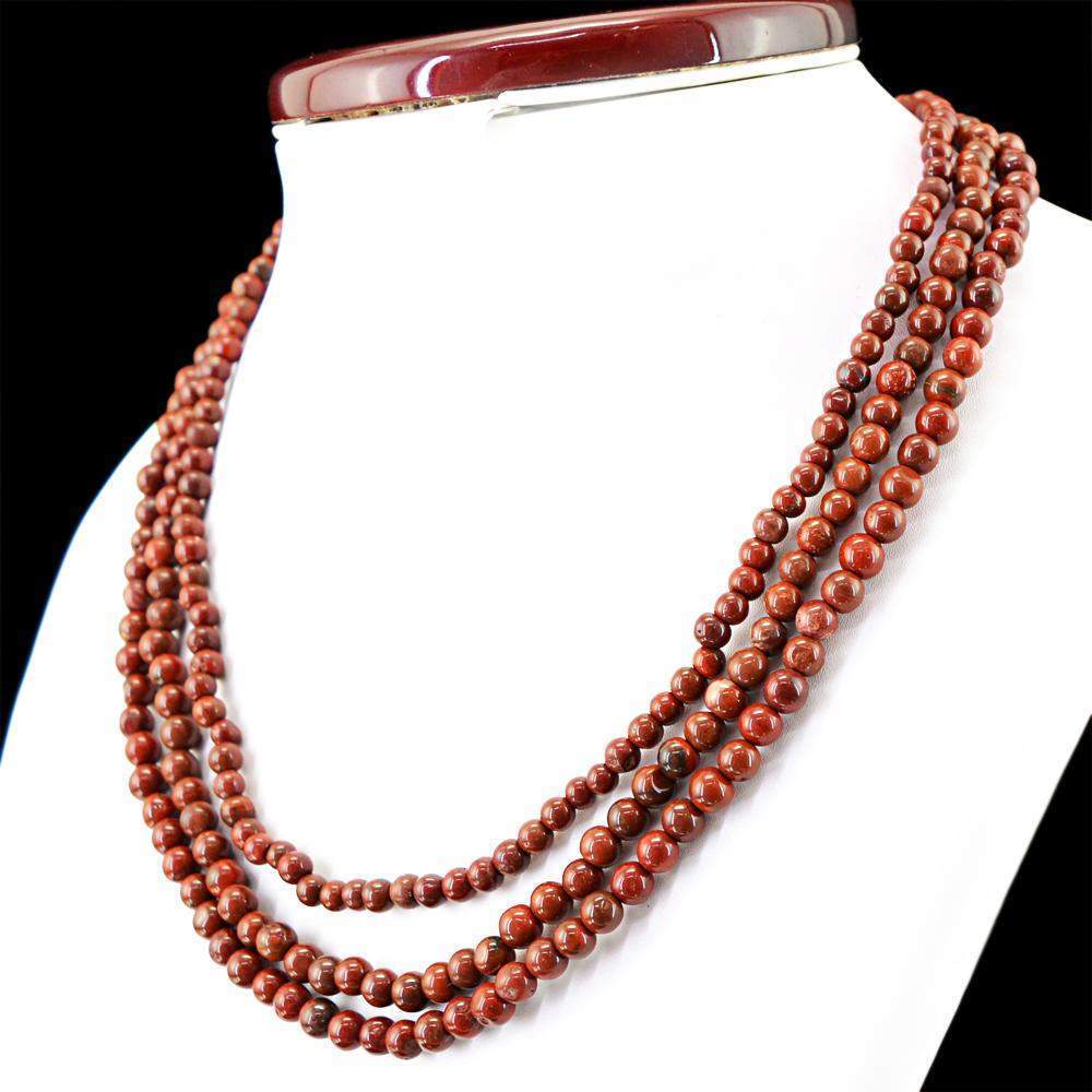gemsmore:Natural Red Jasper Necklace 3 Strand Round Beads