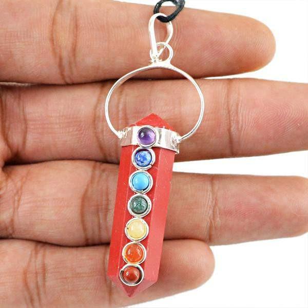 gemsmore:Natural Red Jasper Seven Chakra Meditation Healing Point Pendant