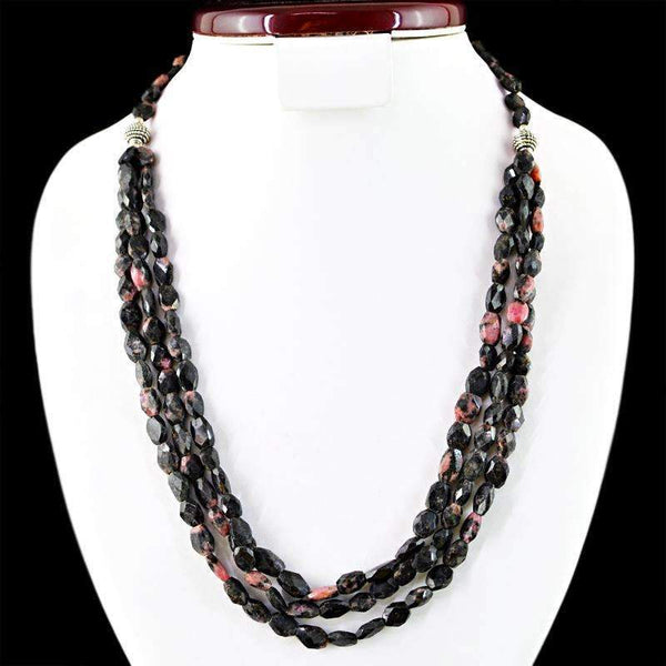 gemsmore:Natural Rhodonite Necklace 3 Line Untreated Faceted Beads