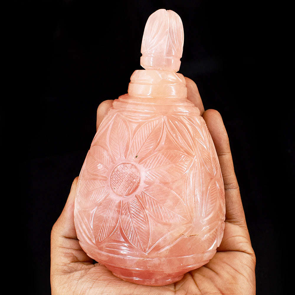 gemsmore:Natural Rose Quartz Hand Carved Genuine Crystal Gemstone Carving Perfume Bottle
