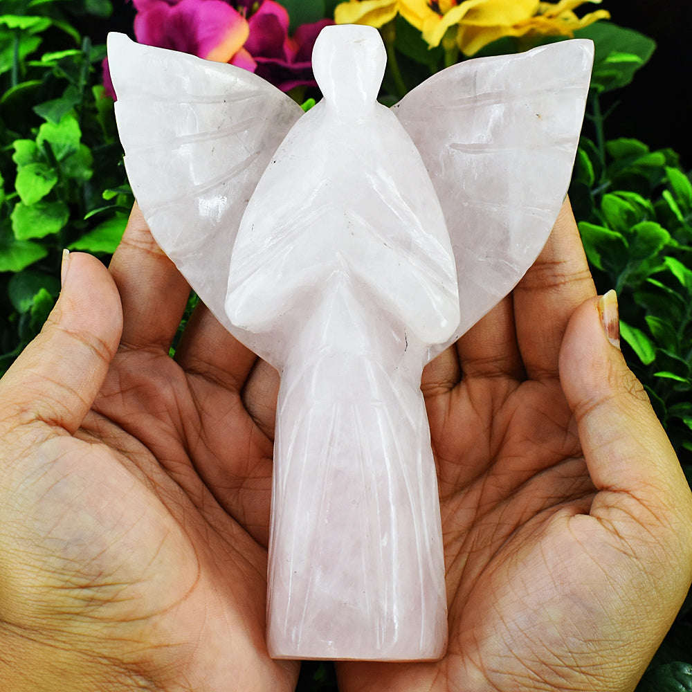 gemsmore:Natural Rose Quartz Hand Carved Healing Praying Angel