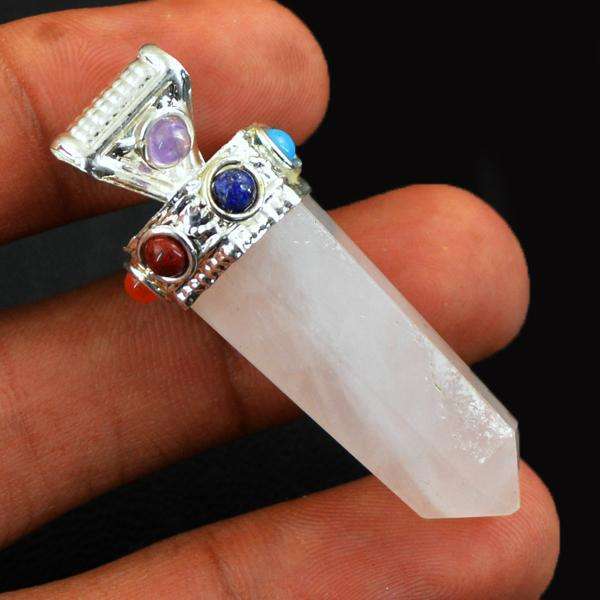 gemsmore:Natural Rose Quartz Seven Chakra Healing Point Pendant