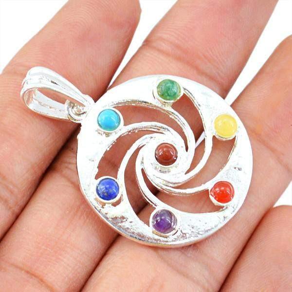 gemsmore:Natural Round Seven Chakra Crystal Healing Pendant