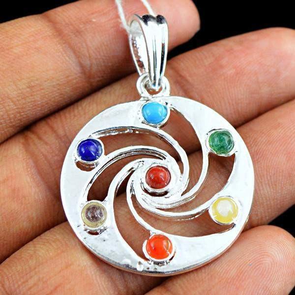 gemsmore:Natural Round Shape Designer Seven Chakra Healing Pendant