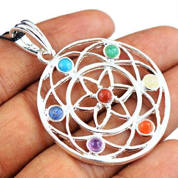 gemsmore:Natural Round Shape Designer Seven Chakra Healing Pendant