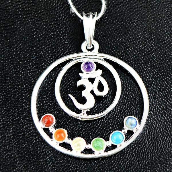 gemsmore:Natural Round Shape OM Seven Chakra Healing Pendant