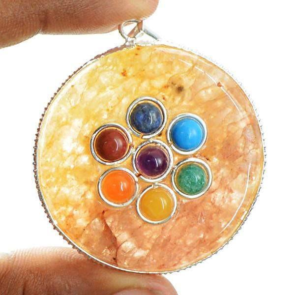 gemsmore:Natural Round Shape Orange Aventurine Seven Chakra Pendant