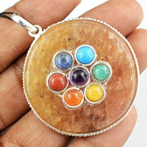 gemsmore:Natural Round Shape Orange Aventurine Seven Chakra Pendant