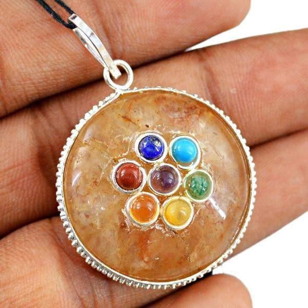 gemsmore:Natural Round Shape Orange Aventurine Seven Chakra Pendant