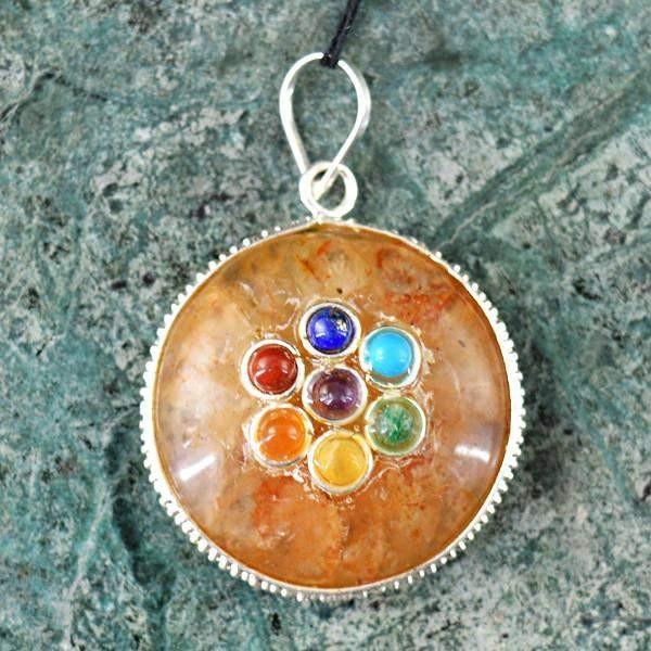 gemsmore:Natural Round Shape Orange Aventurine Seven Chakra Pendant