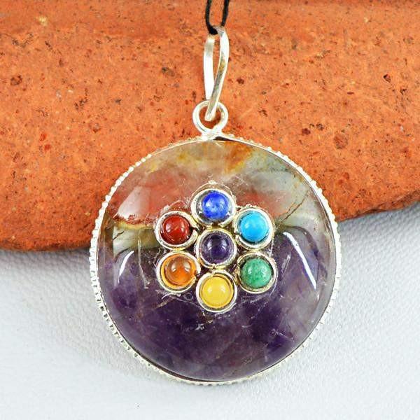 gemsmore:Natural Round Shape Seven Chakra Amethyst Healing Pendant